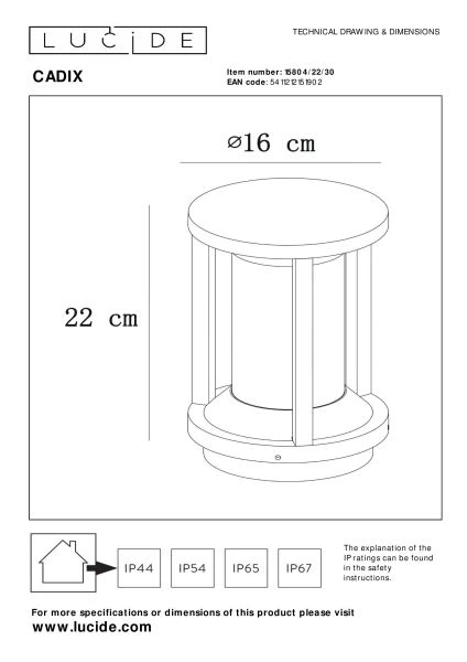 Lucide CADIX - Sokkellamp - Ø 16 cm - 1xE27 - IP65 - Zwart - technisch